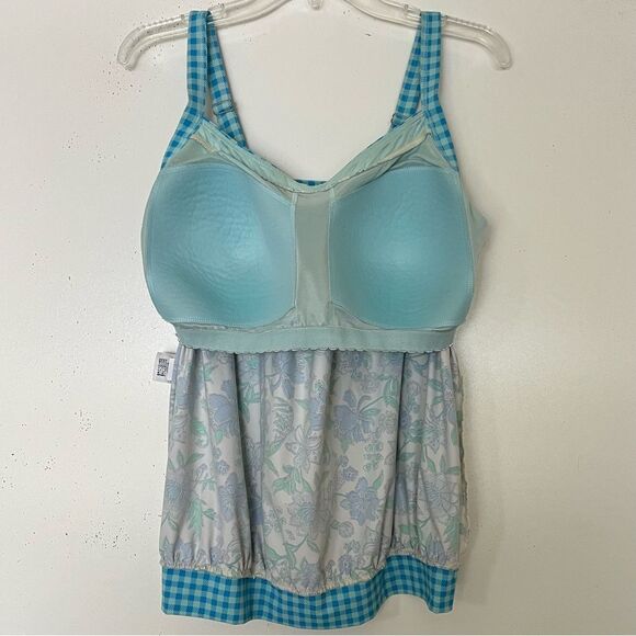 Lands End Swim Top 14 DD Tankini Modest Padded Bra Blue Floral Check Plaid EUC - Picture 6 of 8